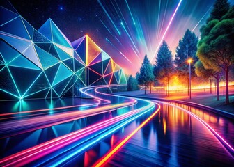 Aufkleber - Long Exposure Abstract Landscape, Geometric Lines, Light Trails, Night Photography, Artistic Design