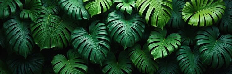 Poster - Close-up shot of rich green monstera leaves. Jungle plant with vibrant texture. Exotic tropical plant elements, rich foliage wallpaper. Natural background with detailed leaves patterns, dark shades.