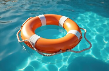 Aufkleber - Orange lifebuoy floats in blue water. Pool ring buoy with white stripes provides emergency help. Life ring on water surface represents rescue assistance, safety and protection concept.