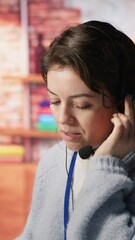 Poster - vertical video call center agent helping customers regain access to accounts, resetting passwords. e