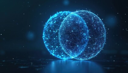 Poster - Abstract blue spheres with glowing nodes and lines against dark background. Modern tech concept of network, connections, cyberspace, web. Digital technology, 3D render, futuristic design.