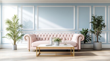 Poster - Blush pink tufted sofa in sunlight with gold coffee table and potted plants in a room featu pale blue wainscoting and a bright, inviting atmosphere.