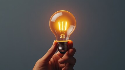 Poster - A hand holds a bright glowing incandescent lightbulb illuminating the dark gray background creating a striking contrast of light and shadow in the image