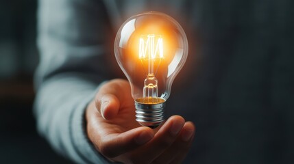 Poster - Close-up of hands gently cradling a glowing light bulb representing the spark of innovation, creativity, and the birth of new ideas and inspiration.