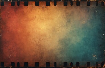 Poster - Vintage grunge filmstrip frame textured background with scratches, dust, noise. Aged film reel with space, red, orange, blue, brown colors. Retro cinema, photo slide design.