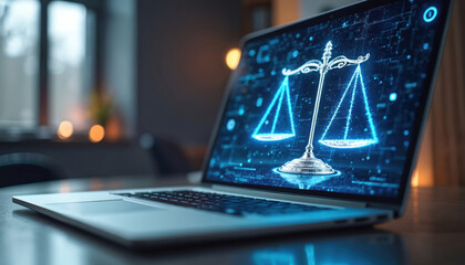 Leinwandbilder - Laptop with scales of justice on screen. Online legal law concept. Court, justice, compliance, regulations for company, business, corporate, trade license, registration. Modern tech, cyberspace,