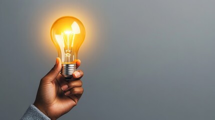 Poster - A hand gripping a glowing incandescent light bulb illuminating the scene against a plain gray background highlighting creativity and innovative ideas concept.
