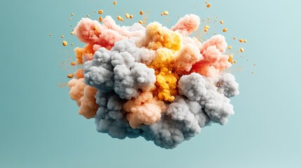 Poster - A Vibrant Explosion of Pastel Smoke in Grey, Peach, and Yellow Bursting Against a Light Teal Background with Gold Flecks Creating Visual Harmony