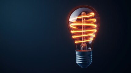 Poster - Close-up view of a glowing spiral-shaped incandescent light bulb illuminated brightly against a deep dark blue background creating a stunning contrast visually