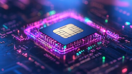 Poster - Abstract SIM Card Technology Futuristic Circuit Board Design Digital Art Neon Pink Purple Blue Glowing Lines Modern Technology Innovation High Tech Background Illustration chip data mobile system     