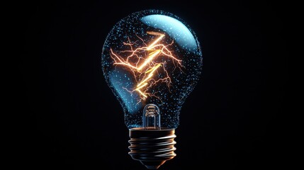 Poster - Close-up shot of a lightbulb filled with water featu a bright stylized lightning bolt glowing warmly against a stark black background art concept