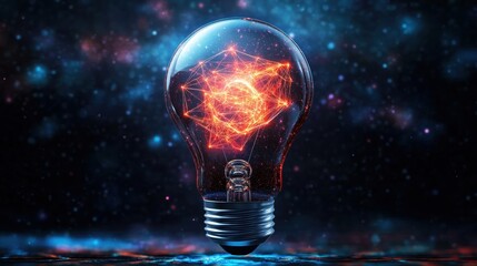 Poster - A Glowing Incandescent Lightbulb Harvesting Fiery Energy From a Network Structure Set Against a Dark Cosmic Background of Twinkling Stars and Light