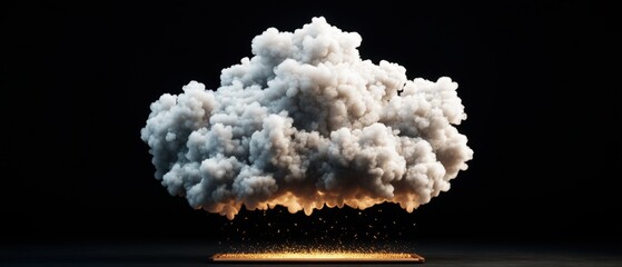 Poster - Dark gray cumulus cloud with glowing grid-like surface and sparks, dramatic contrast against black background, powerful atmospheric visual concept art