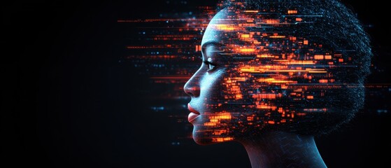 Poster - Stylized profile of a woman's face entwined with dynamic digital data flow illustrating the fusion between human lect and artificial ligence technology
