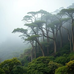 Wall Mural - Coastal forest with ancient trees and misty atmosphere,, forest, wilderness