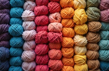 Aufkleber - Close-up view of colorful yarn balls arranged in rows. Multi-colored threads, materials for needlework, handicraft. Threads for knitting, crochet, embroidery. Background of handicraft tools, creative