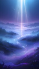 Wall Mural - a mystical landscape unfolds with rolling hills blanketed in mist, illuminated by a radiant beam of 