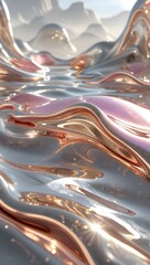 Wall Mural - Molten metallic waves ripple across the surface, creating a fluid and dynamic landscape. The interplay of silver and rose gold hues with soft reflections suggests a futuristic or abstract concept.