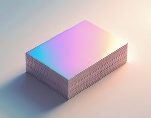 Poster - Stack business cards with holographic finish. Iridescent colors reflecting spectrum on light background. Metallic shimmer, rainbow effect. Blank mockup business card template. Modern design.