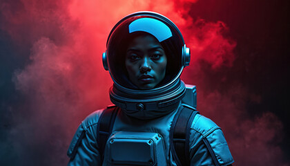 Aufkleber - Portrait astronaut space suit red smoke dark background. Woman in futuristic helmet looks at camera. Concept of space exploration, cosmic travel, sci-fi world, future tech. Digital art, fantasy,