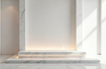 Aufkleber - Minimalistic modern white background with built-in lighting, marble steps, and shadow. Presentation space for product showcase, cosmetic, fashion, exhibition. Clean interior design, empty clean space.