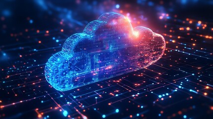 Poster - Digital Cloud Computing Network Technology Abstract Background Futuristic Data Server Innovation Modern Blue Red Neon Lights Digital Transformation Global Internet Connection Secure Cloud Storage     