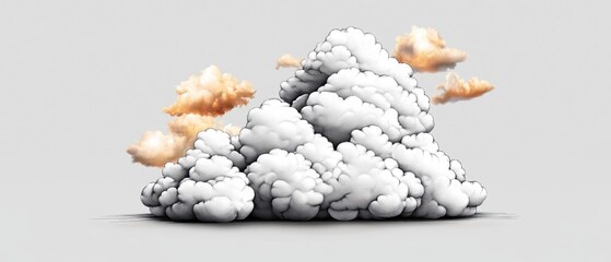 Poster - A large stylized white smoke plume with intricate swirling orange-hued smoke clouds emanating from its sides against a soft light gray background