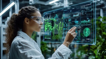 Aufkleber - A woman wearing a lab coat is looking at a computer screen with a green image