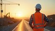© miss irine - Construction worker wearing high visibility vest, helmet on road construction site at sunrise surveying project progress. Man in protective gear watching infrastructure development. Engineer