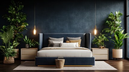 Poster - Luxurious dark-blue upholstered bed with gold accents in a moody plant-filled bedroom featu a textured wall and light wood nightstands and pendant lights