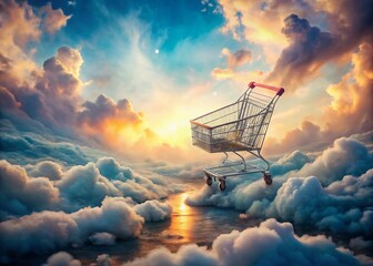 Poster - Surreal Floating Shopping Cart in Dreamlike Landscape