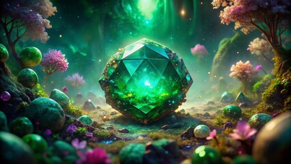 Aufkleber - Surreal Green Emerald Gemstone Floating in a Dreamlike Landscape