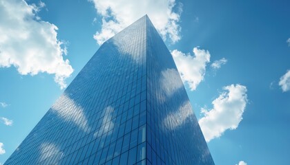 Poster - Low angle view of modern glass building against blue sky with clouds. Contemporary architecture design, urban environment, skyscraper construction, business center.