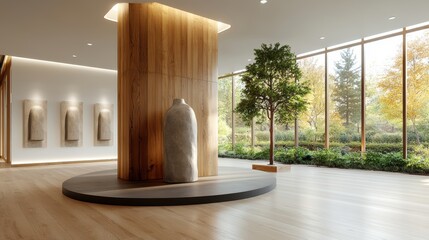 Poster - Modern minimalist interior design featu a light stone sculpture on a circular platform, wood-paneled column, tree, and large bright indoors