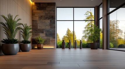 Poster - Spacious modern interior design featu hardwood floors, large , potted plants, and a rustic wood wall accent for a tranquil home environment
