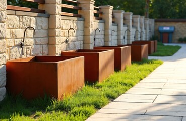 Poster - Modern architecture design outdoor. Stone walls with decorative rusty corten steel boxes with faucets, public garden, green grass, beige paving stones promenade, sunny day.