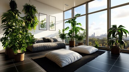 Poster - Sunlit modern room with floor-to-ceiling showcasing city and treetop views, featu a gray daybed, potted plants, and white floor cushions.