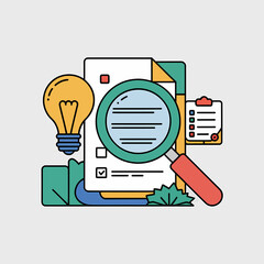 Poster - Creative Business Idea Concept: Checklist, Magnifying Glass and Light Bulb - Vector Illustration