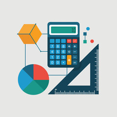 Poster - financial analysis tools composition: calculator, pie chart, ruler, cube for business and math conce
