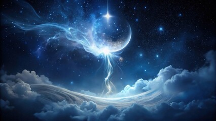 Wall Mural - Celestial Dreamscape A Serene Night with a Luminous Orb Hanging in the Starry Expanse Above a Snowy Landscape