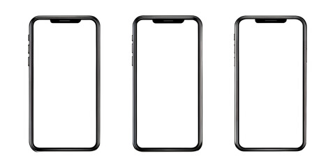Modern Phones Mockups: showcasing three modern phone devices against a plain backdrop, allowing designers and businesses to display their designs, apps, or website layouts.
