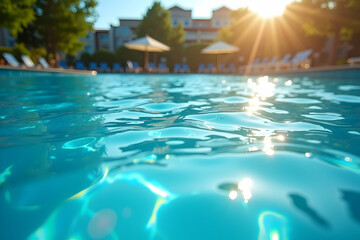 Poster - Captivating Close-Up of Rippling Swimming Pool Water Reflecting Sunlight, Evoking a Sense of Tranquility, Leisure, and Refreshment on a Sunny Day