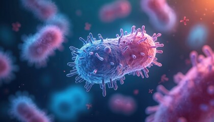 Poster - 3D illustration of Escherichia coli bacterium. Gram-negative rod-shaped bacteria with polar flagellum. Probiotics, postbiotics for gut health. Medical background.