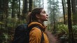 © suryono - Woman Hiking Looks Upward in Foggy Forest with Backpack Exploring