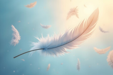 Poster - delicate iridescent feathers softly falling against a dreamy pastel sky, creating a serene and ether