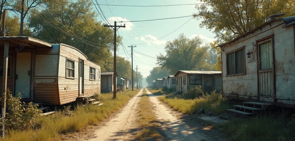 America Rundown Rural Estate Dilapidated trailer park road. Poverty, poor housing, run-down trailers ...