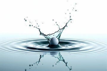 Poster - Dynamic Moment, Golf Ball Plunging into Water Creating Splash and Ripples, Capturing the Intersection of Sport and Fluid Dynamics in High Detail