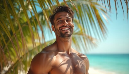 attractive tanned man enjoys sunny day on beach. smiling male poses near palm leaves, showing body. 