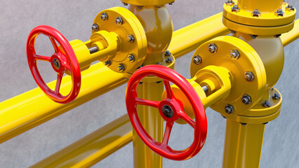 Poster - yellow gas pipes. red valves on pipeline. valves for gas supply limitation. pipeline with flanged co