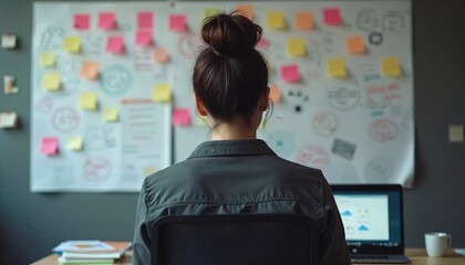 Leinwandbilder - Young woman sits in front of whiteboard with notes. Focus on startup business plan ideas. Post-it notes with strategies, teamwork planning. Laptop on table, modern office. Business, tech, startup.